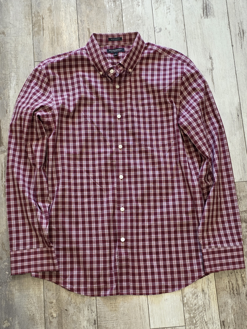(L) Men's Banana Republic Casual Button Up Shirt Red Plaid Cotton Slim Flex Fit